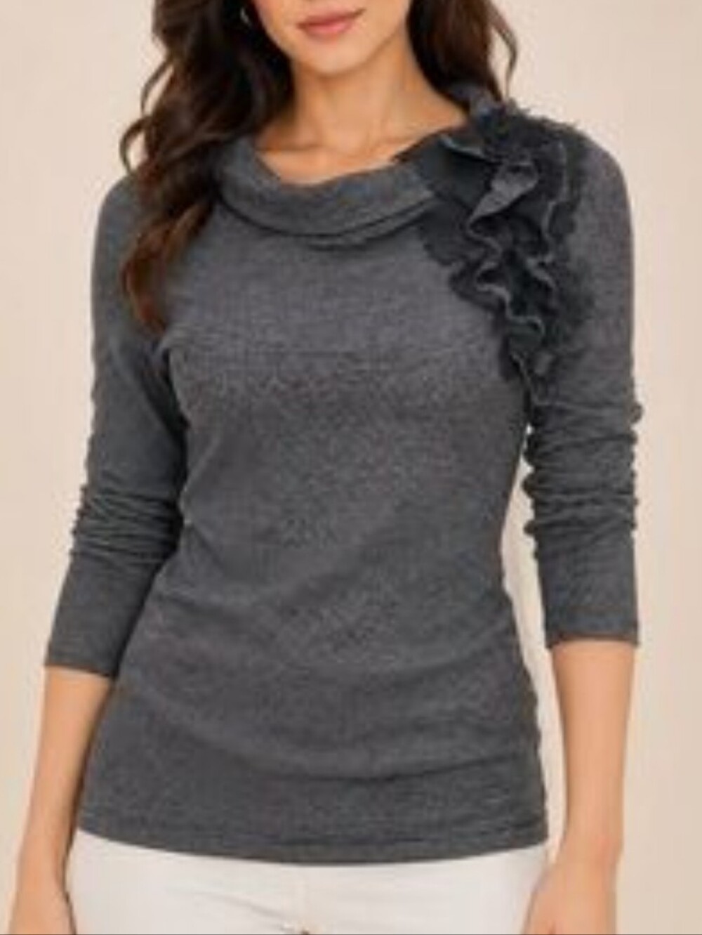 Elegant Charcoal Gray Ruffle-Accent Sweater Shirt With Floral Detail Business